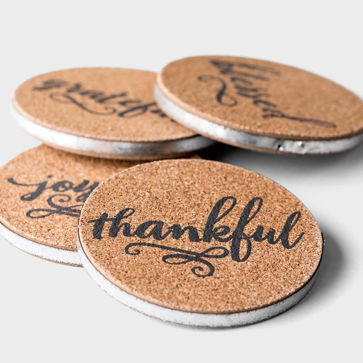 Joyful, Thankful, Grateful, and Blessed Cork & Metal Coasters