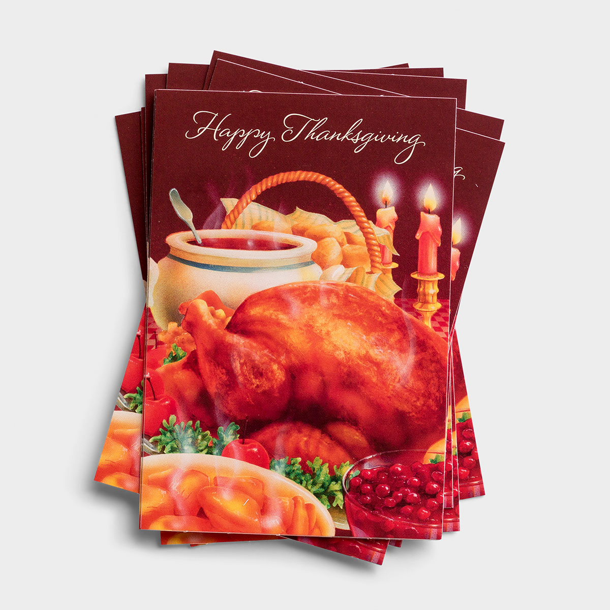 The Thanksgiving dinner on the cover and an inspiring message inside make these 'Happy Thanksgiving' inspirational note cards perfect for letting special people know you're thinking of them at Thanksgiving.
