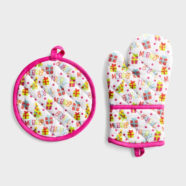 Mary Square - Happy Merry Joyful - Christmas Pot Holder and Oven Mitt Set