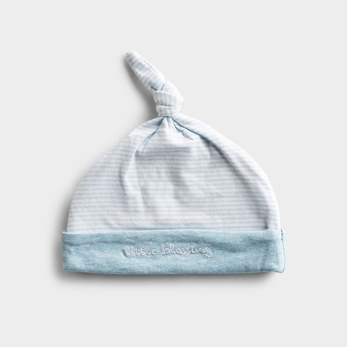 This 'Little Blessing' inspirational baby hat is designed to dress precious little ones in adorable style and meaningful inspiration. This blue striped hat is perfect to pair with our little blessing onesie and pants. A thoughtful gift for baby showers