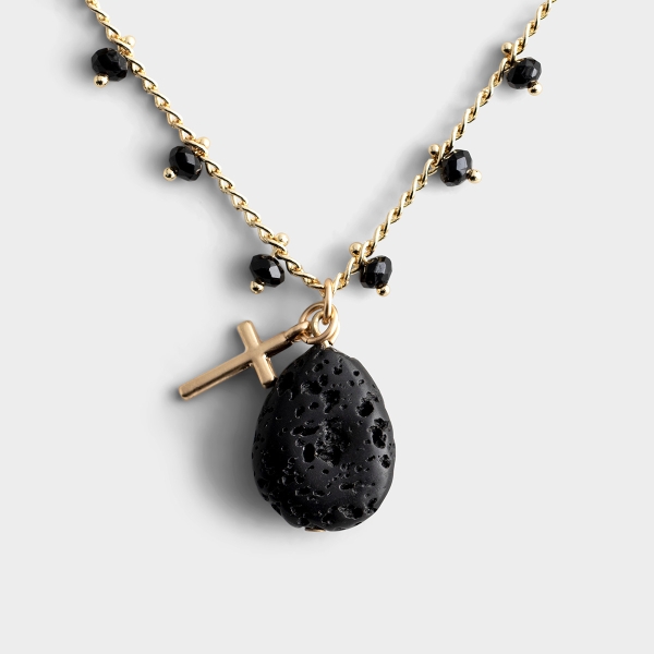 Gold Cross -  Lava Stone Beaded Necklace