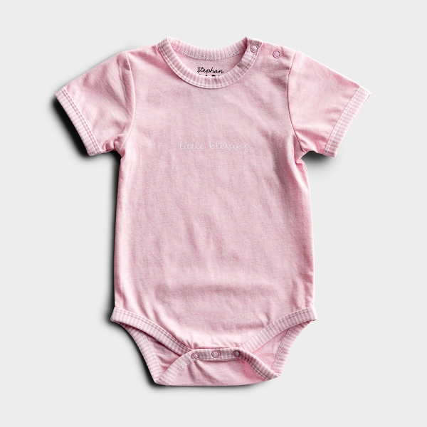 This 'Little Blessing' inspirational baby bodysuit is designed to dress precious little ones in adorable style and meaningful inspiration. This pink, baby one-piece, with pink-striped accents, snaps at neck and bottom for easy dressing and shares a sweet 