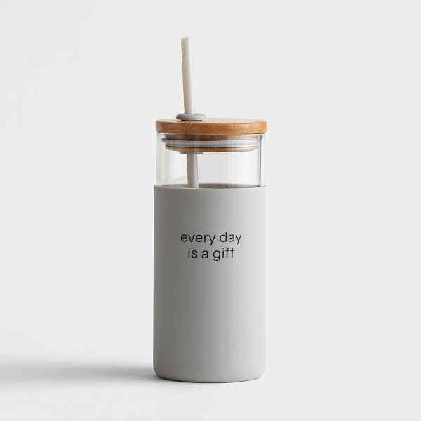Every Day Is A Gift - 18oz Glass Tumbler with Bamboo Lid and Straw