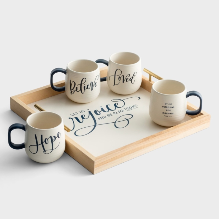 4 Artisan Mugs & Decorative Tray - Gift Set