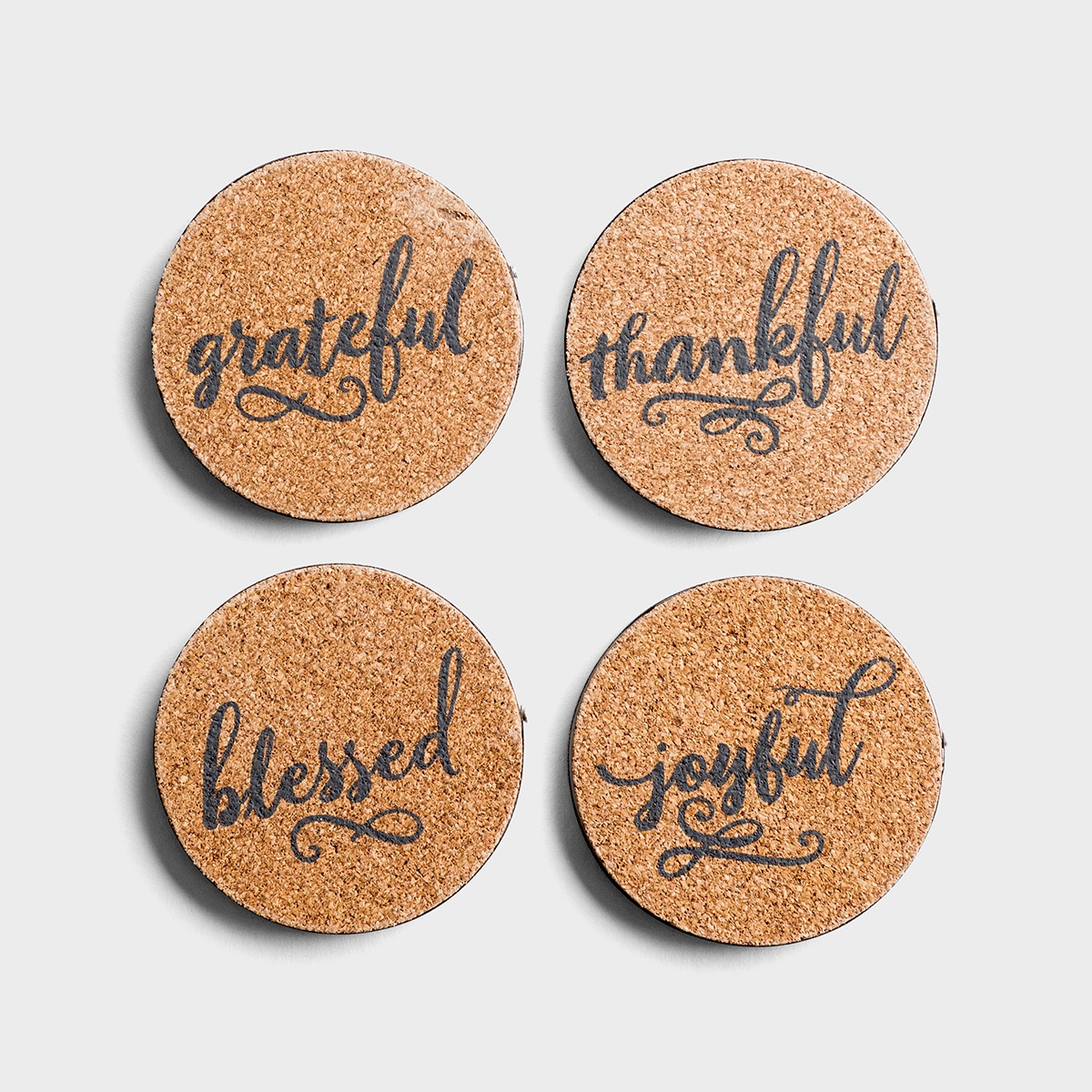 Joyful, Thankful, Grateful, and Blessed - Cork & Metal Coasters, Set of 4