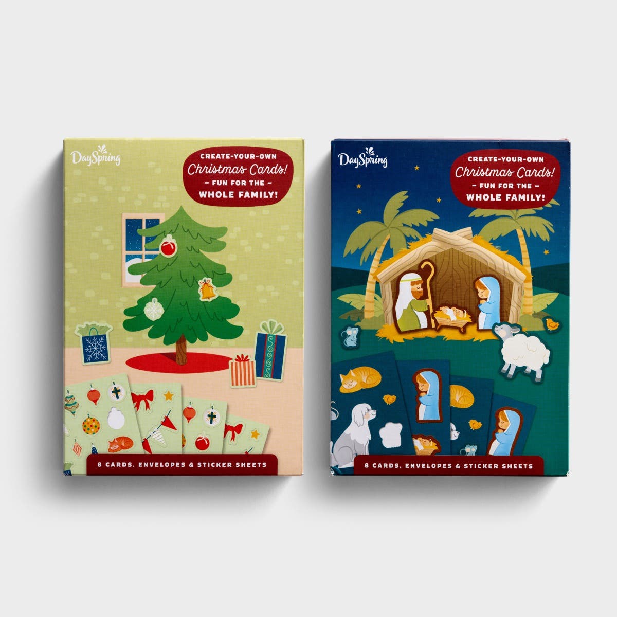 Christmas Tree + Nativity - 8 Interactive Sticker Christmas Boxed Cards and Envelopes - Set of 2