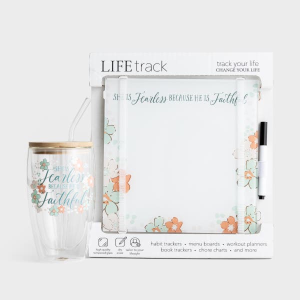 Clairmont & Co. - She Is Fearless - Floral Glass Tumbler + Dry Erase Gift Set