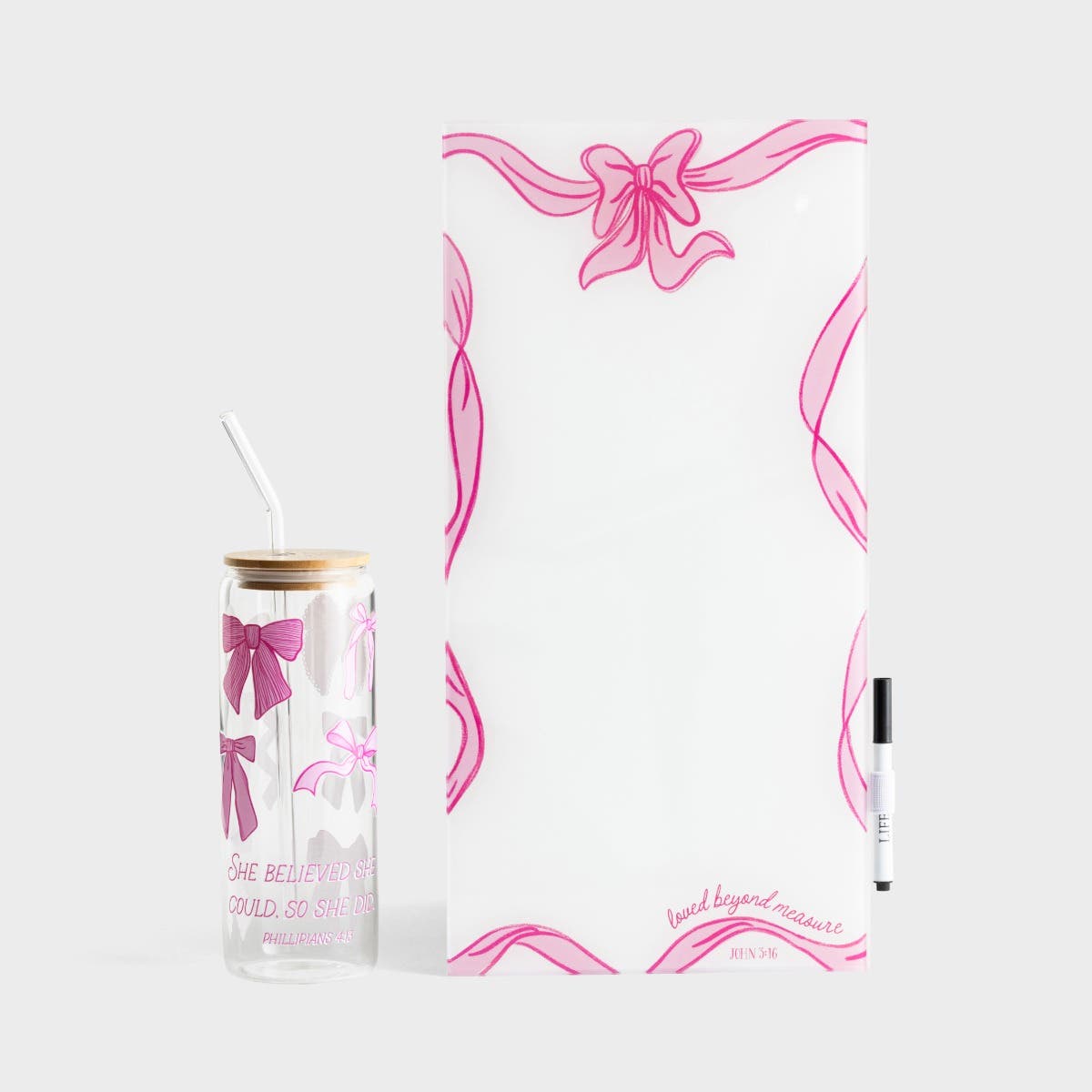 Clairmont & Co. - Pink Bows Glass Dry Erase + 24 oz Cold Brew Glass - Gift Set